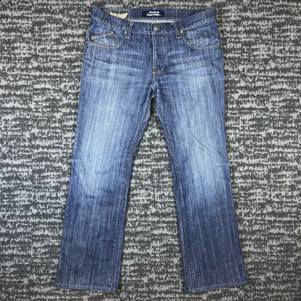 Rock & Republic Jeans Mens 34 Taylor Blue Straight Leg Embroidered Pocket USA